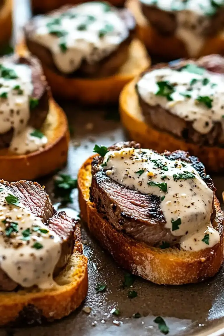 Beef Tenderloin Crostini with Parmesan Cream Sauce