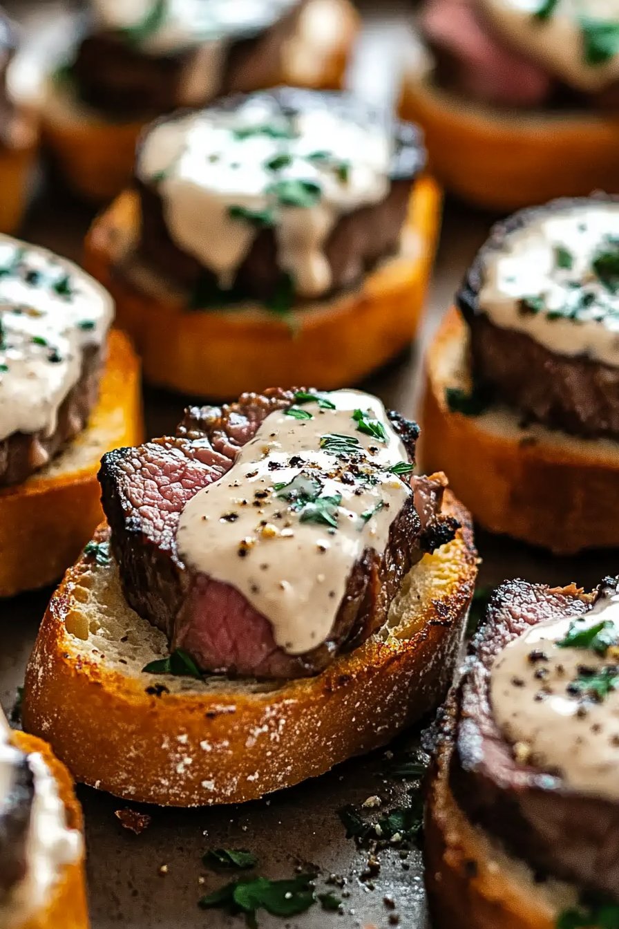 Beef Tenderloin Crostini with Parmesan Cream Sauce