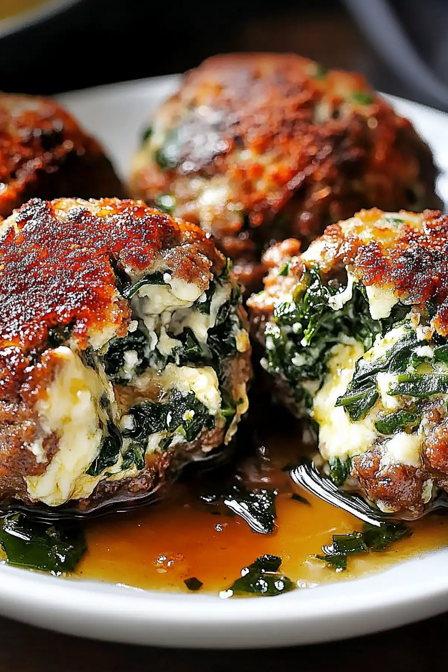 Spinach Garlic Meatballs Stuffed with Mozzarella