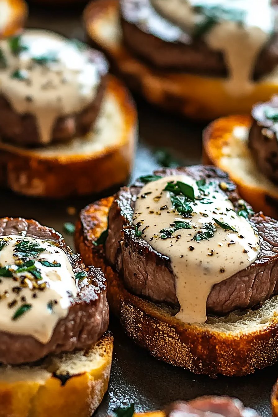 Beef Tenderloin Crostini with Parmesan Cream Sauce