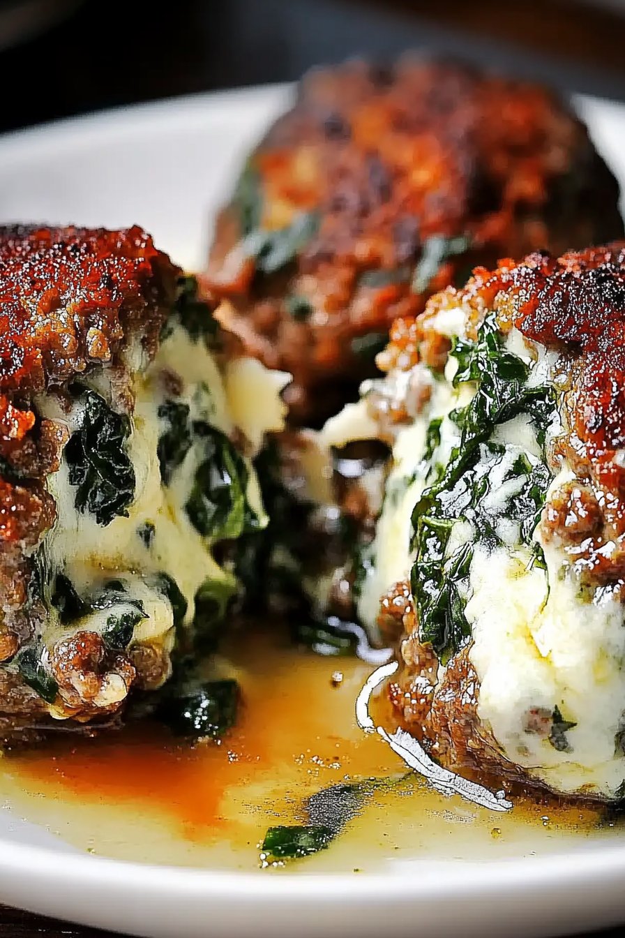 Spinach Garlic Meatballs Stuffed with Mozzarella