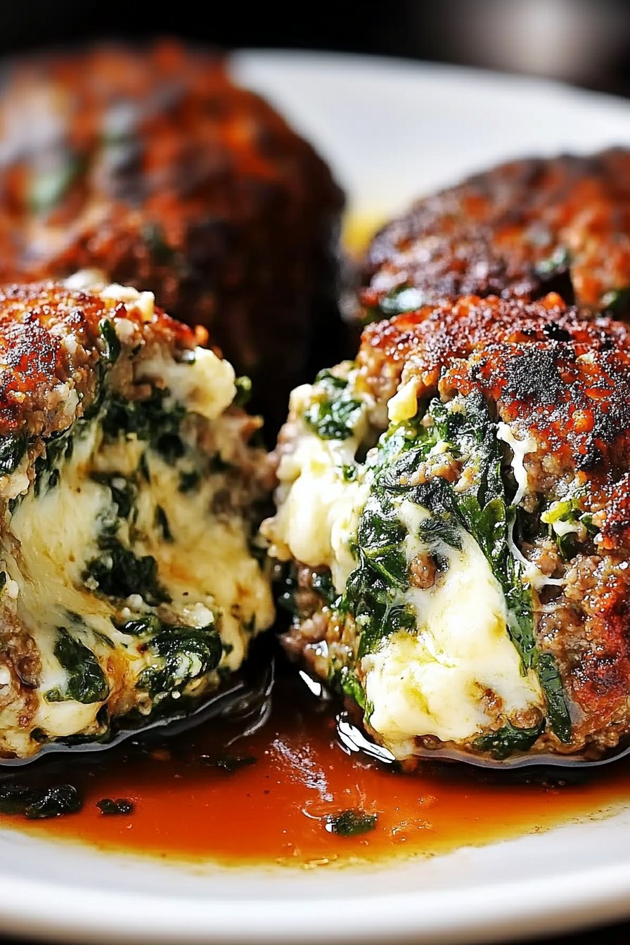 Spinach Garlic Meatballs Stuffed with Mozzarella