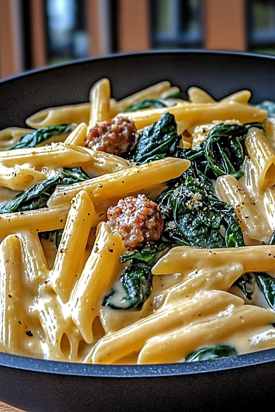 One-Pan Creamy Penne with Spinach and Italian Sausage