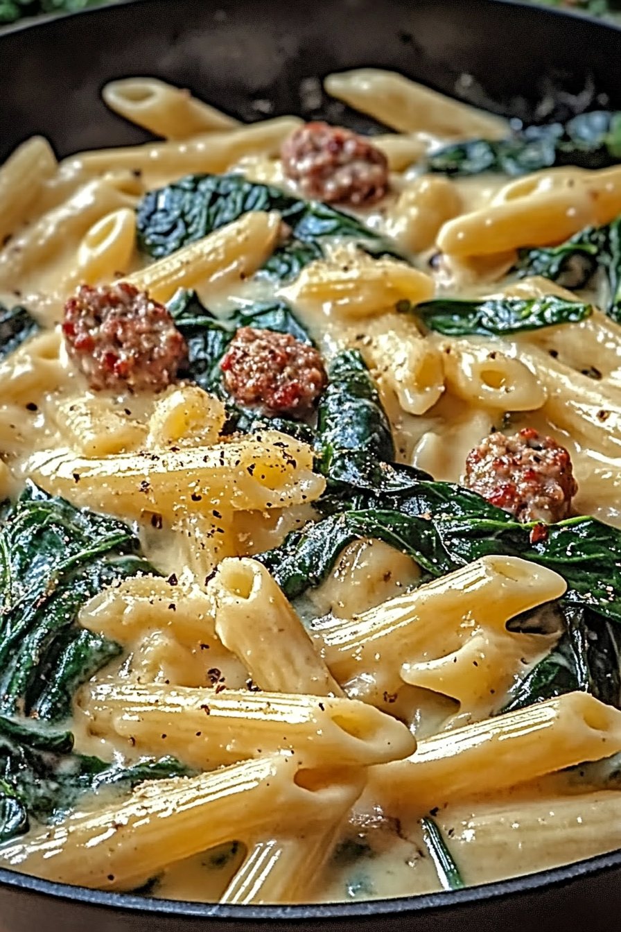 One-Pan Creamy Penne with Spinach and Italian Sausage
