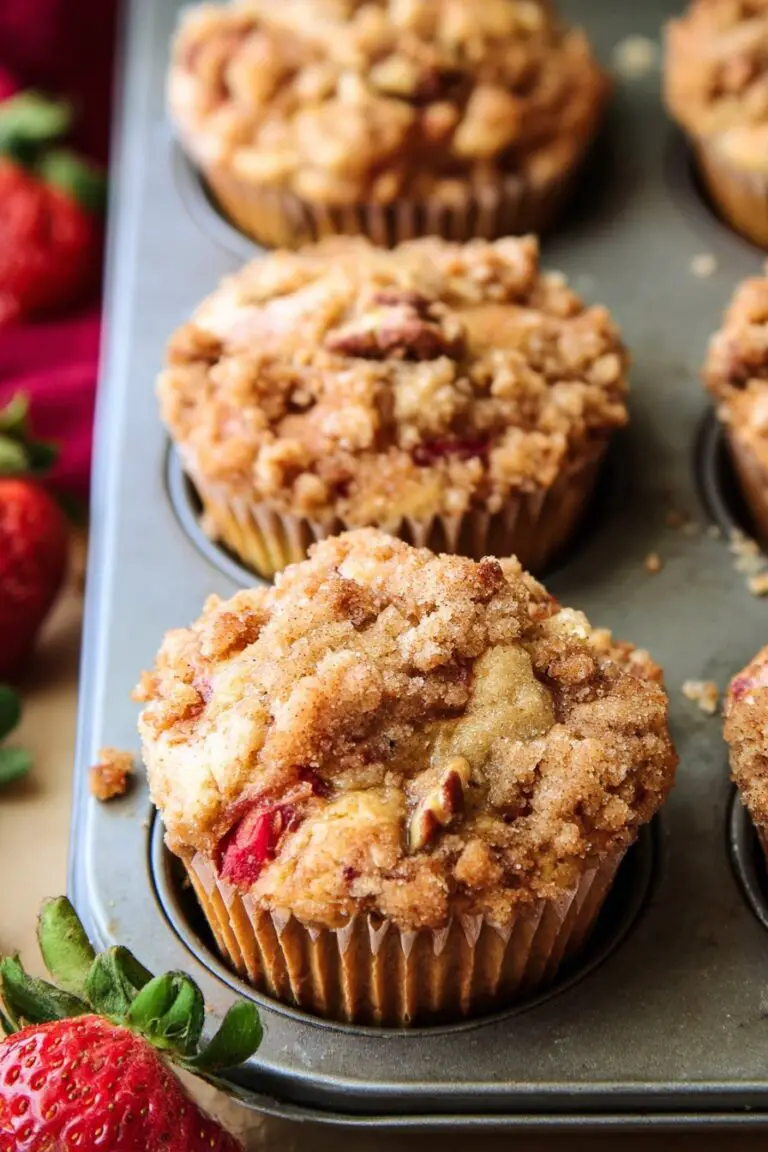Strawberry Rhubarb Muffins with Pecan Streusel