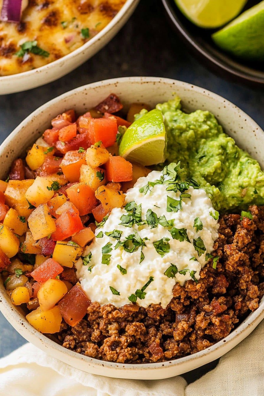 Southwest Ground Beef Bowl with Cottage Cheese Queso