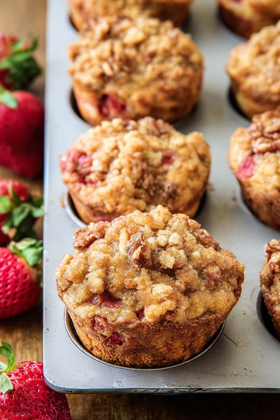 Strawberry Rhubarb Muffins with Pecan Streusel
