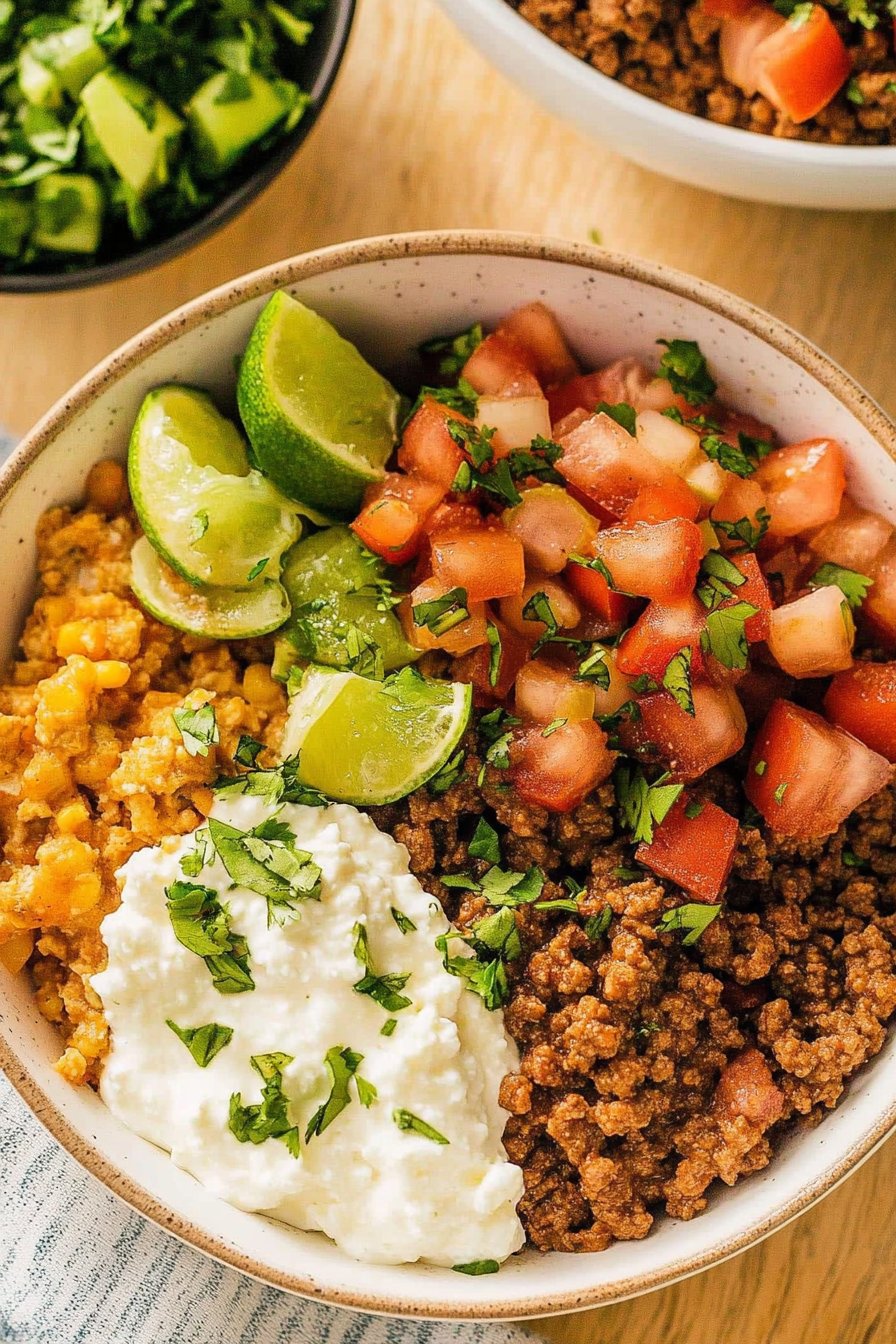 Southwest Ground Beef Bowl with Cottage Cheese Queso