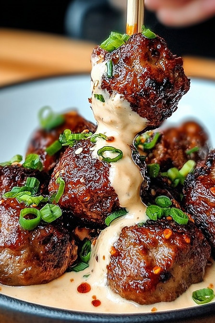 Korean BBQ Meatballs with Spicy Mayo Dip