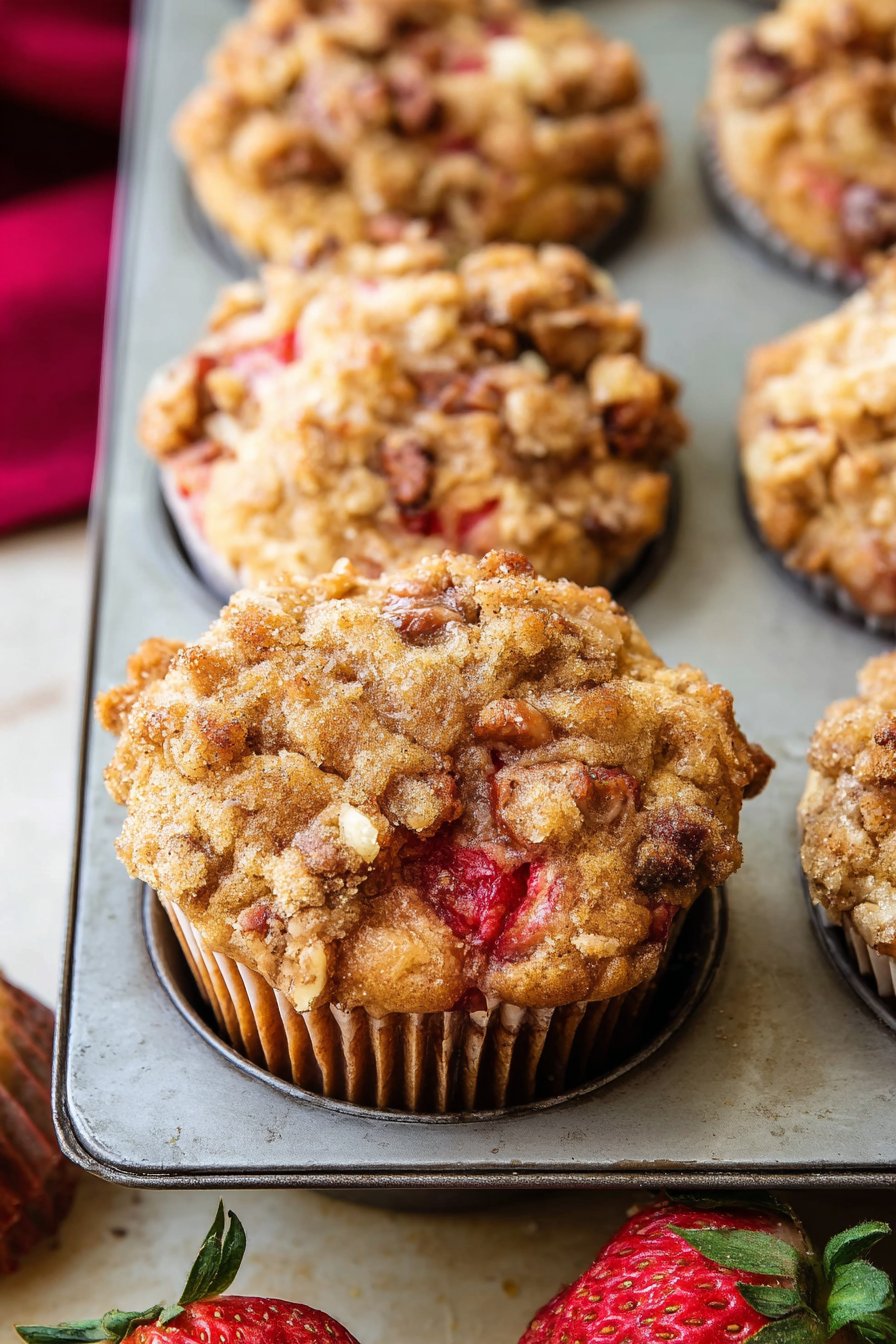 Strawberry Rhubarb Muffins with Pecan Streusel