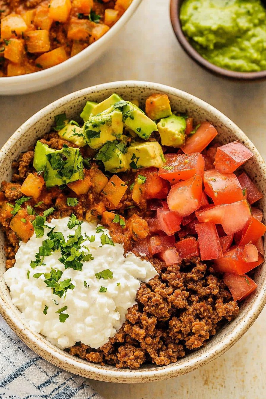 Southwest Ground Beef Bowl with Cottage Cheese Queso
