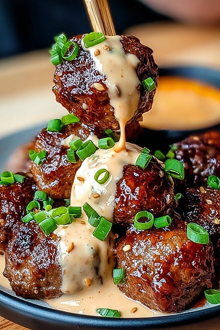 Korean BBQ Meatballs with Spicy Mayo Dip