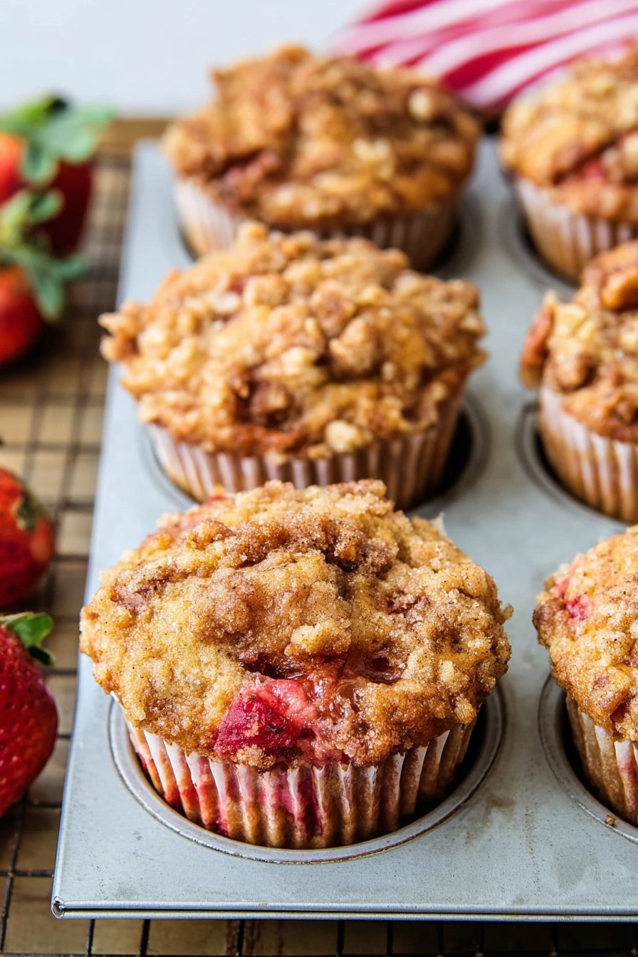 Strawberry Rhubarb Muffins with Pecan Streusel