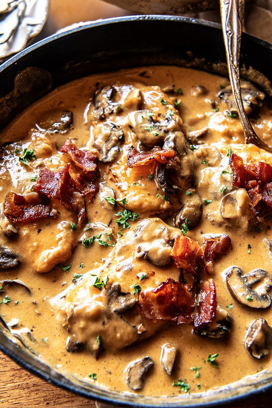 Smothered Chicken in Mushroom Wine Pan Sauce