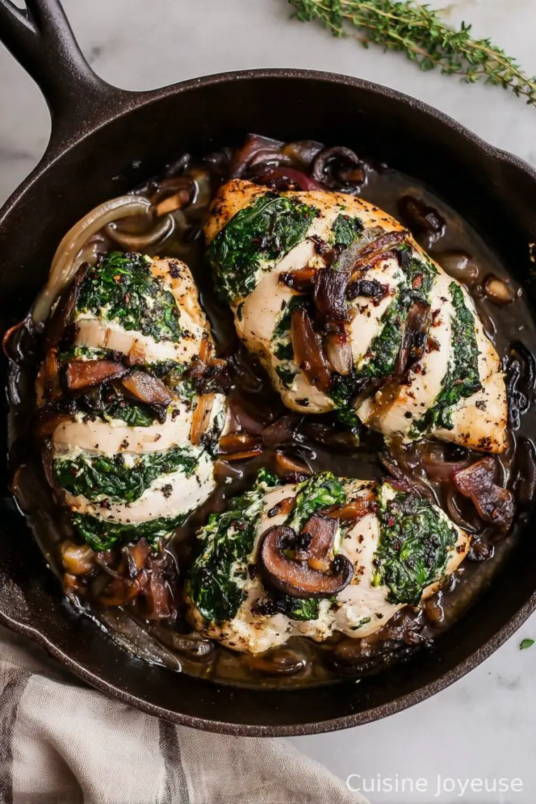 Goat Cheese & Spinach Stuffed Chicken Breast with Caramelized Onions + Mushrooms