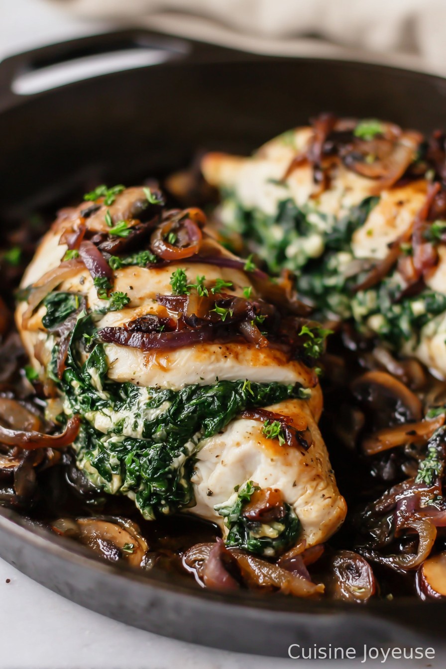 Goat Cheese & Spinach Stuffed Chicken Breast with Caramelized Onions + Mushrooms