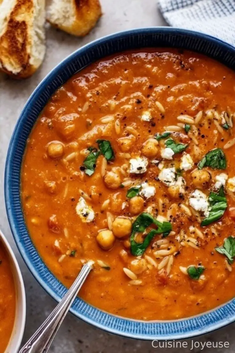 Roasted Red Pepper Soup with Chickpeas and Orzo