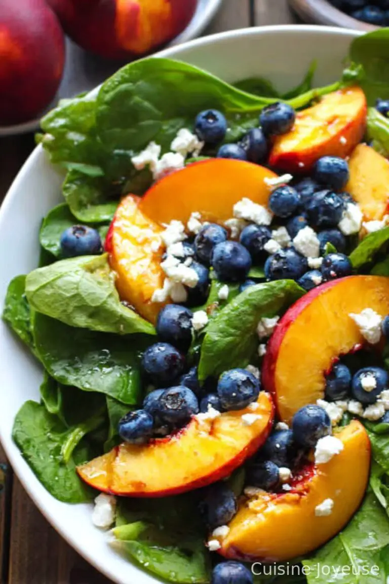 Summer Peach Salad with Spinach, Blueberries, and Feta Cheese