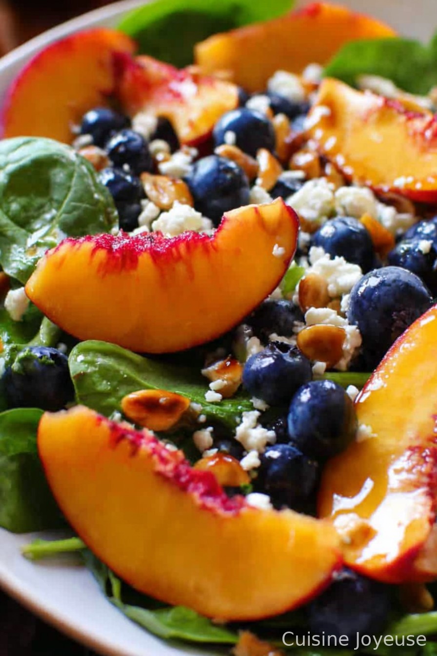 Summer Peach Salad with Spinach, Blueberries, and Feta Cheese
