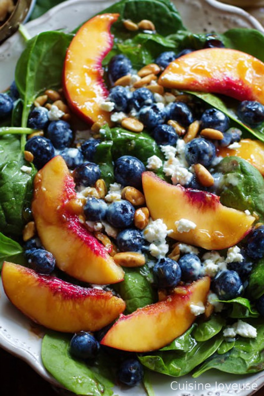 Summer Peach Salad with Spinach, Blueberries, and Feta Cheese